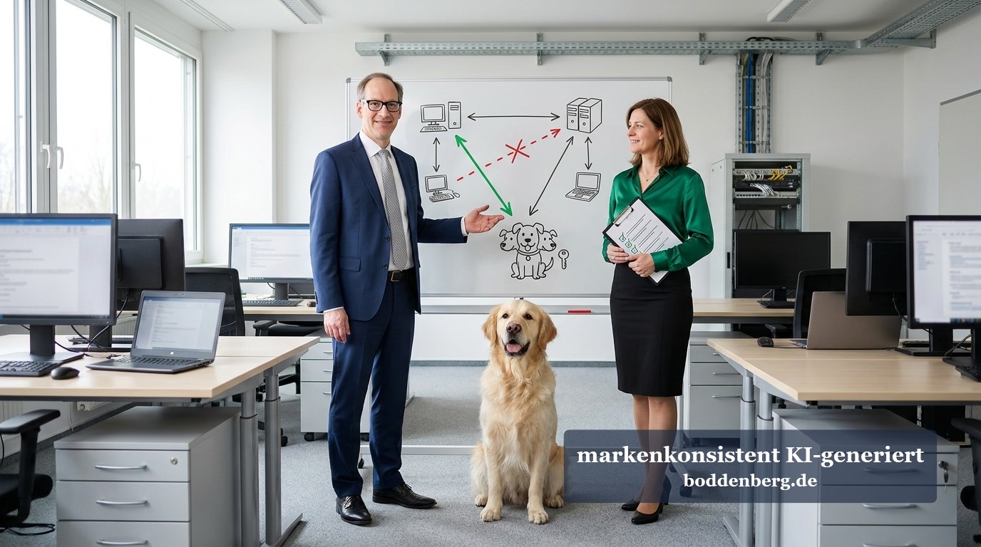 NTLM-Diagnose-Schulung im Büro Ein Berater erklärt am Whiteboard ein Netzwerkschema, neben ihm steht eine Kollegin mit Klemmbrett, davor sitzt ein Golden Retriever.