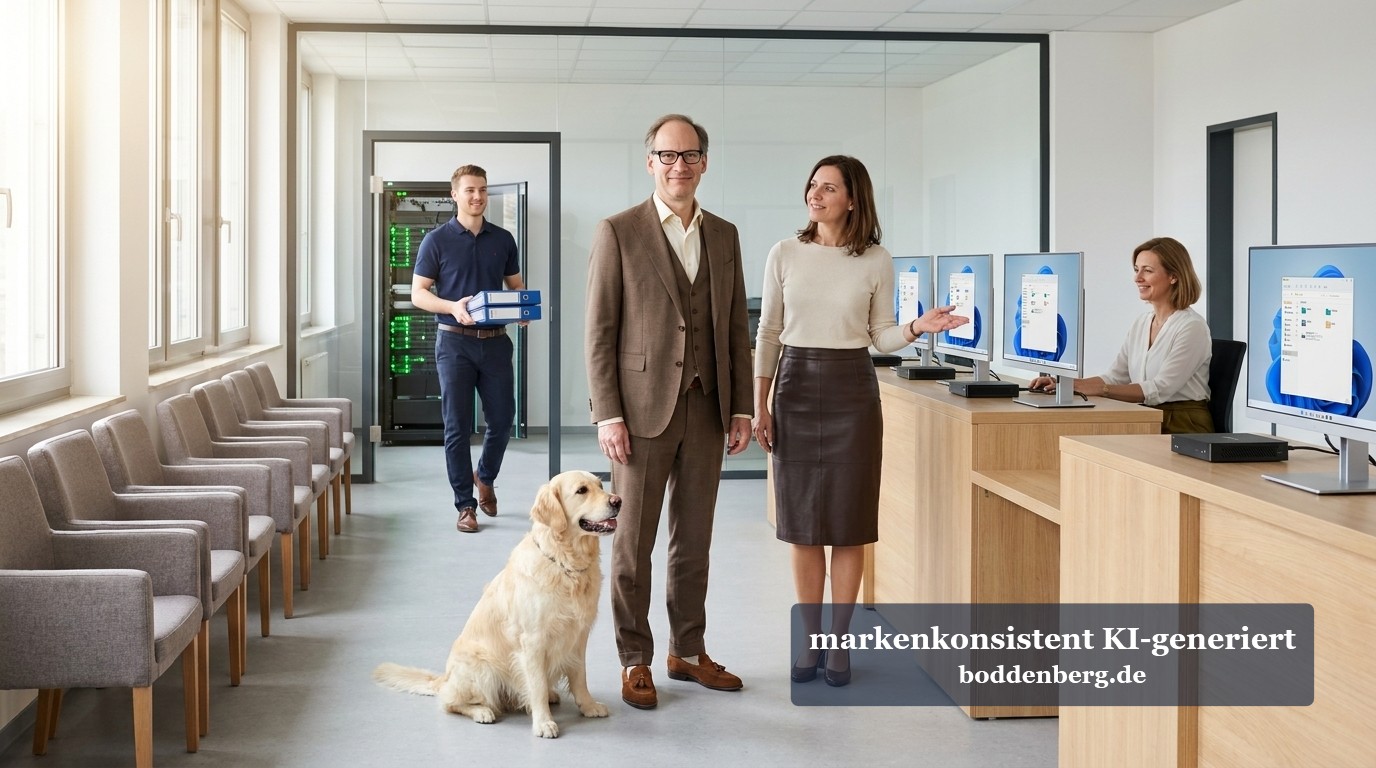 IT-Team im hellen Büro mit Golden Retriever Zwei Berater stehen mit einem Golden Retriever in einem hellen Büro, dahinter trägt ein Kollege Ordner und eine Kollegin sitzt am Empfang.