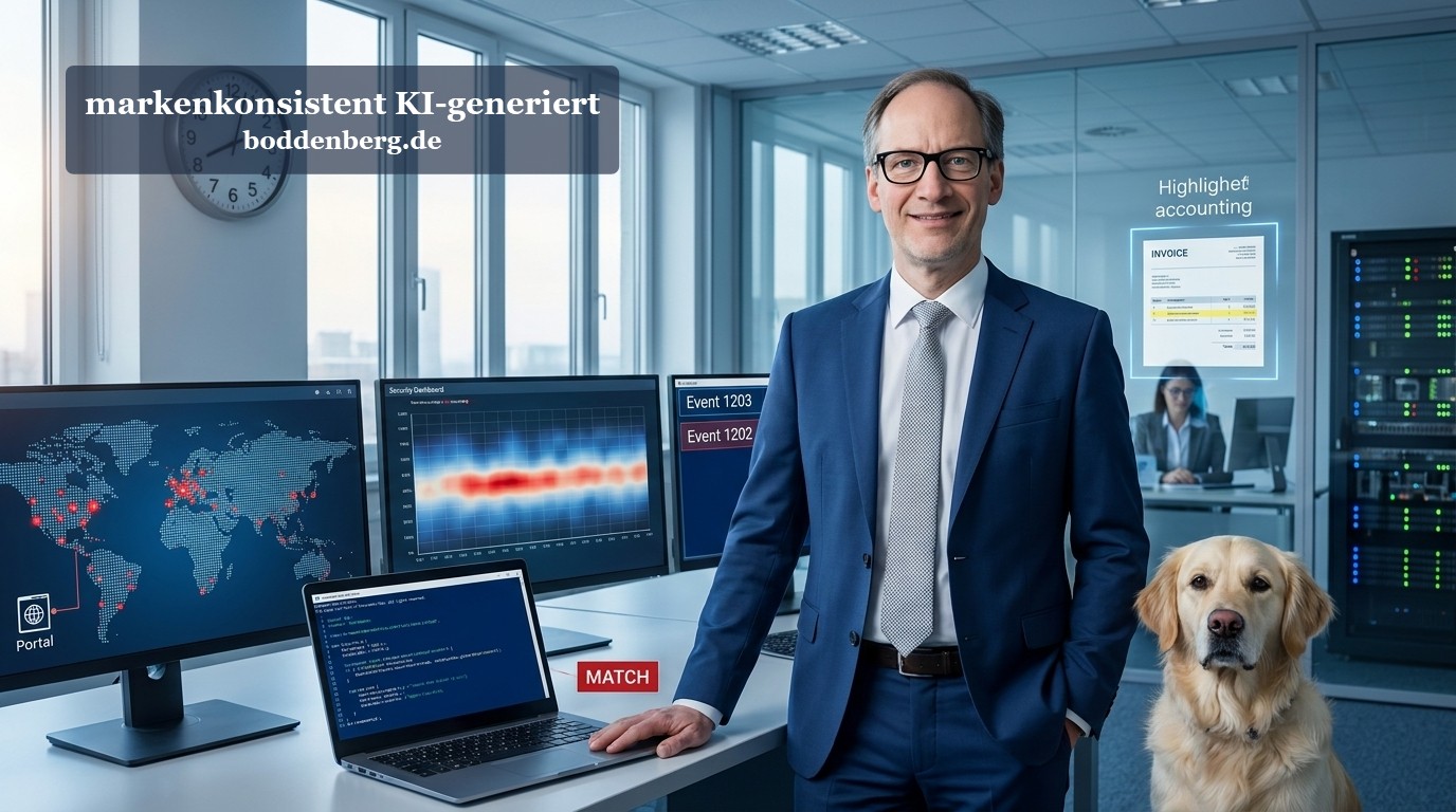 Mann in blauem Anzug mit Brille steht neben einem Labrador in einem modernen IT-Büro mit mehreren Computerbildschirmen, Dashboards und Analysesoftware…