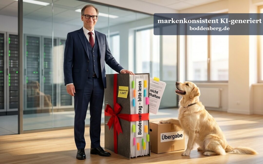 Ein IT-Consultant im dunklen Anzug steht neben einem Karton mit beschrifteten Ordnern und roter Schleife, daneben sitzt ein golden Retriever in modern…