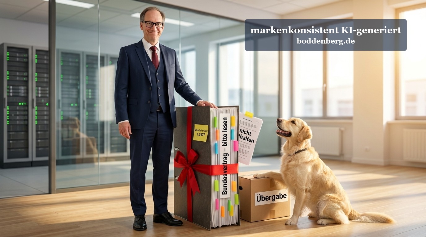 Ein IT-Consultant im dunklen Anzug steht neben einem Karton mit beschrifteten Ordnern und roter Schleife, daneben sitzt ein golden Retriever in modern…