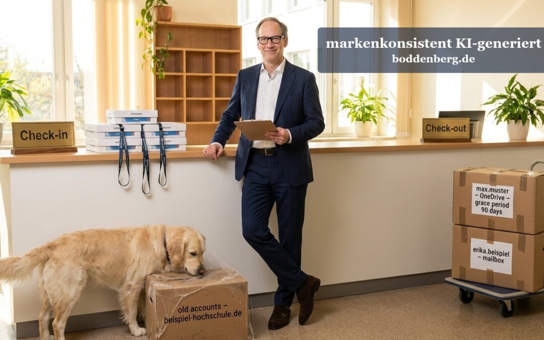 Ein Mann in dunklem Anzug hält ein Tablet in einem hellen Büro mit Schreibtisch, Stapeln von Ordnern, Kartons und einem Golden Retriever, der auf eine…