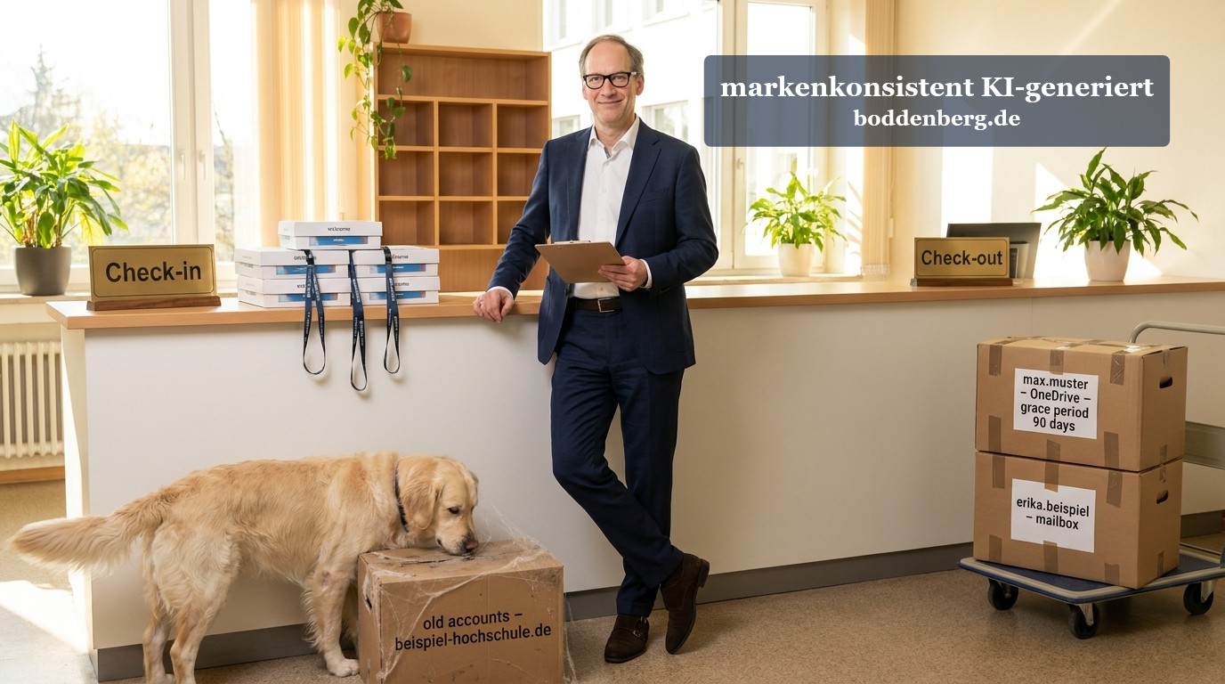 Ein Mann in dunklem Anzug hält ein Tablet in einem hellen Büro mit Schreibtisch, Stapeln von Ordnern, Kartons und einem Golden Retriever, der auf eine…