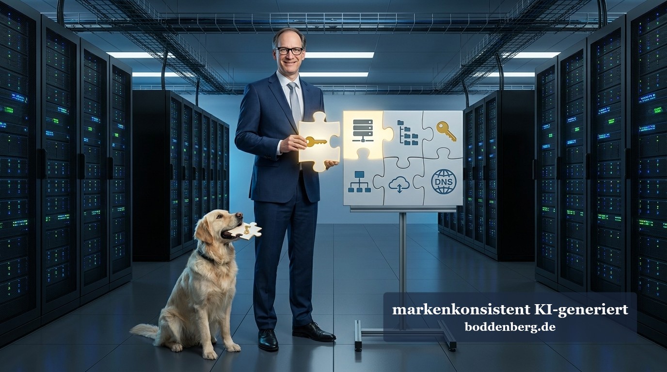 IT-Consultant mit Puzzle im Rechenzentrum IT-Consultant in Anzug hält goldenes Puzzleteil vor Bildschirm mit IT-Symbolen, neben ihm sitzt ein Hund in einem Rechenzentrum.