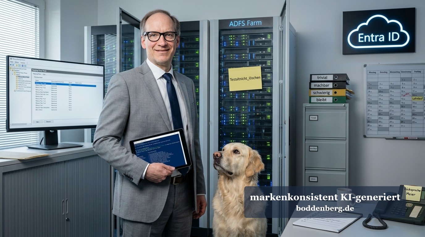 Ein Geschäftsmann mit Brille hält ein Tablet in der Hand und posiert in einem Datencenter neben einem Golden Retriever.