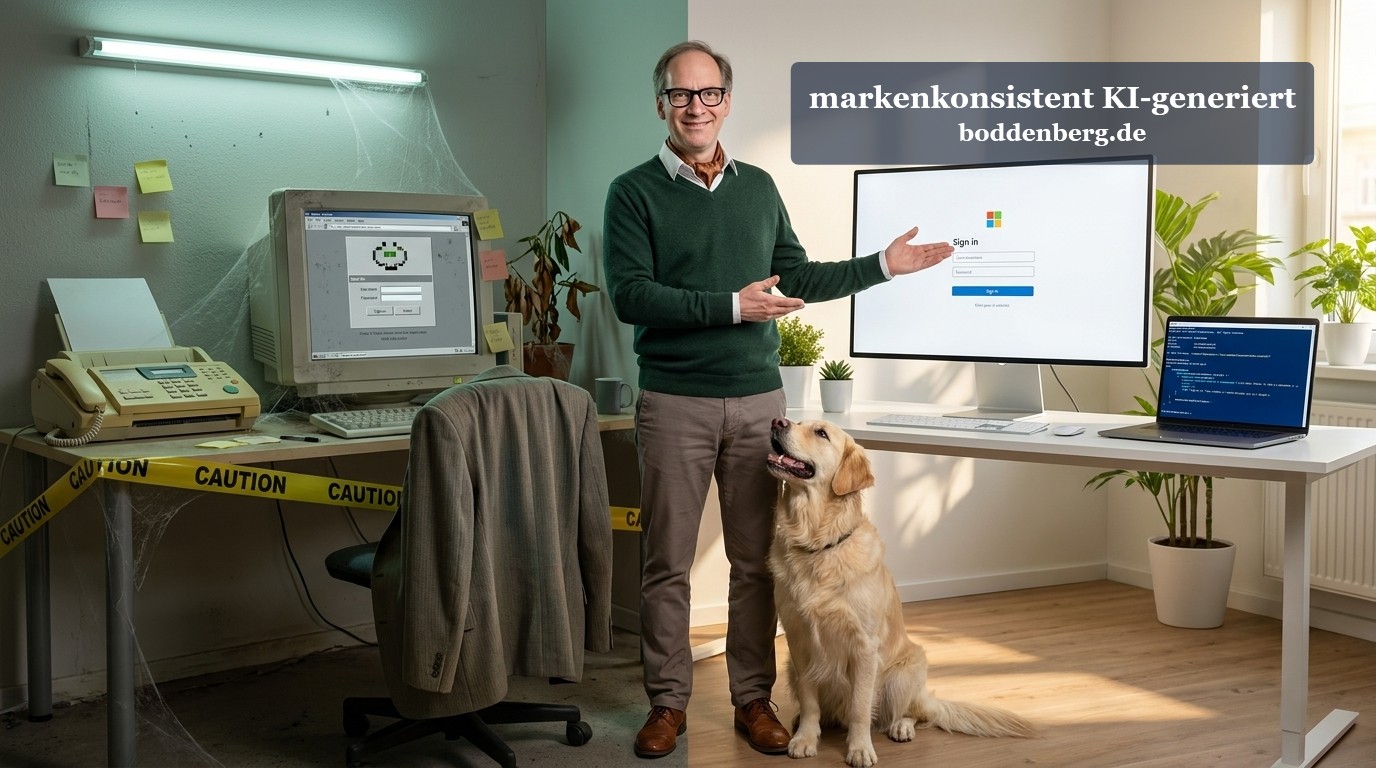 IT-Experte zwischen Retro und Modern Ein IT-Experte mit Brille steht zwischen altmodischer Retro-Technologie und modernen Computersystemen, neben einem golden Retriever in einem hellen Bü…