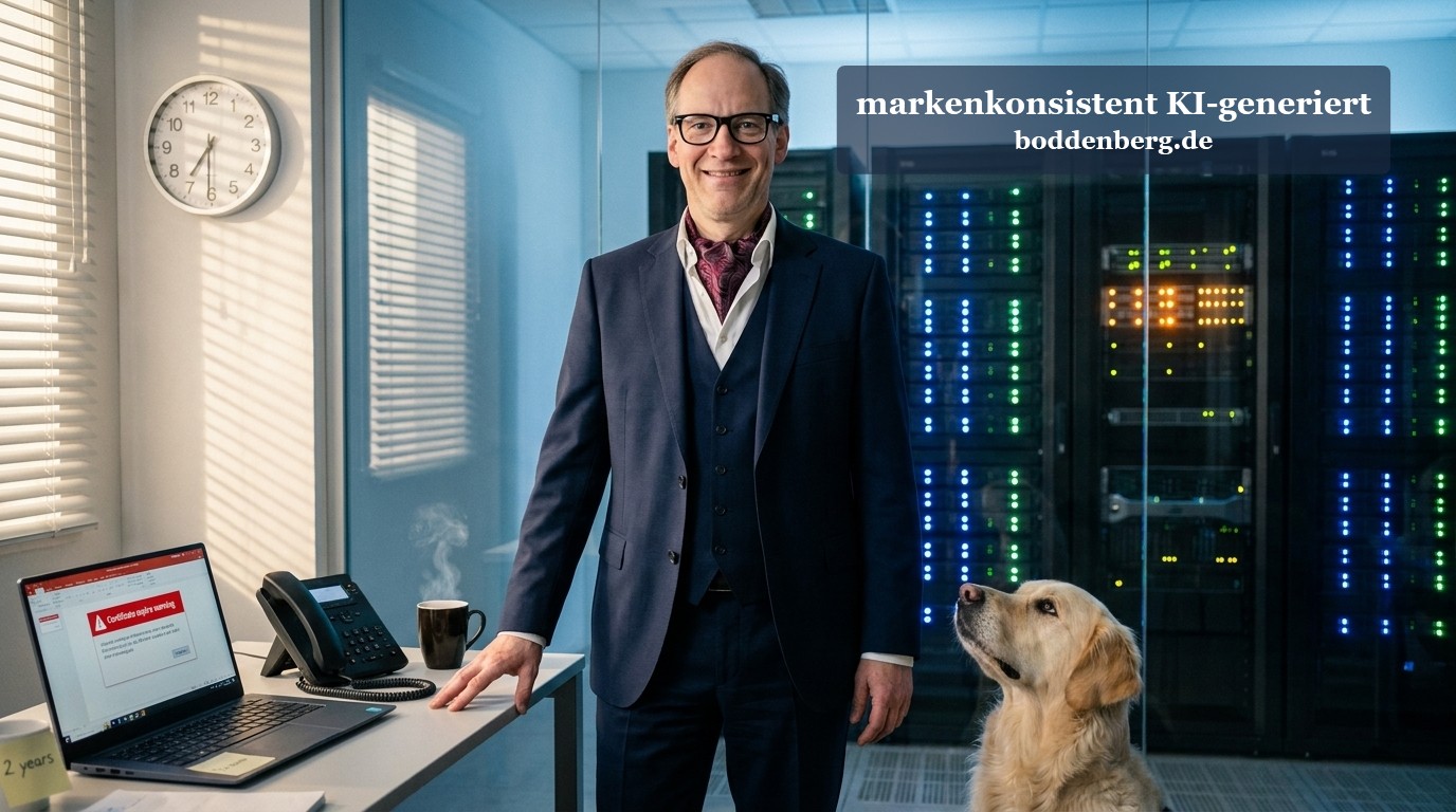 Ein IT-Berater in Anzug und Brille steht selbstbewusst in einem modernen Büro vor leuchtenden Serverschränken, neben sich einen Hund.