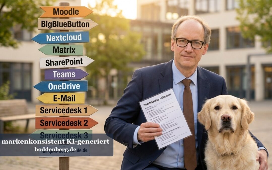 Mann in Business-Anzug mit Brille hält Dokument neben Golden Retriever, dahinter Richtungsschilder mit IT-Software-Namen wie Moodle, Nextcloud und Tea…