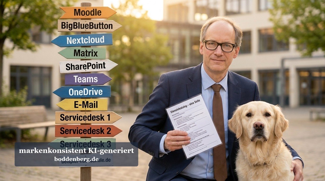 Mann in Business-Anzug mit Brille hält Dokument neben Golden Retriever, dahinter Richtungsschilder mit IT-Software-Namen wie Moodle, Nextcloud und Tea…