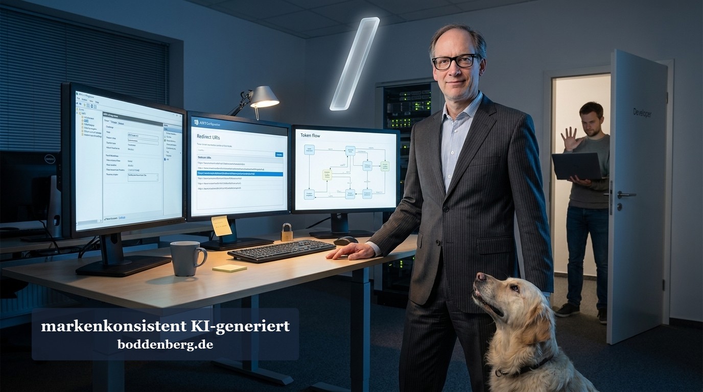 Ein Geschäftsmann in Anzug steht neben seinem Schreibtisch mit mehreren Monitoren in einem modernen Büro, während ein Golden Retriever neben ihm sitzt…