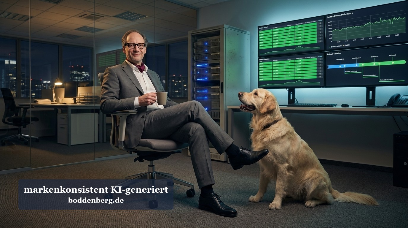 IT-Manager in grauem Anzug sitzt in einem modernen Serverraum und schaut auf seinen Labrador-Hund, während Monitor-Wände mit grünen Datendiagrammen im…