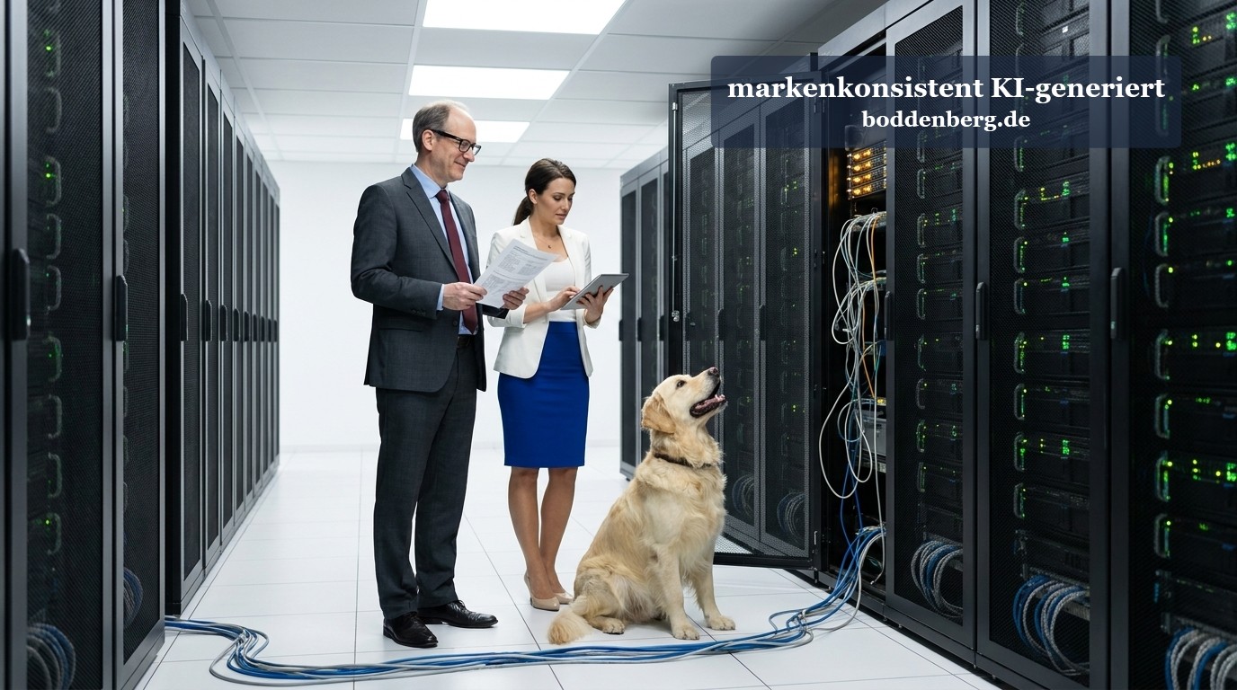 IT-Profis im Rechenzentrum mit Hund Zwei Business-Profis in einem Rechenzentrum überprüfen einen Tablet-Computer, während ein Golden Retriever neben Netzwerkkabeln sitzt.