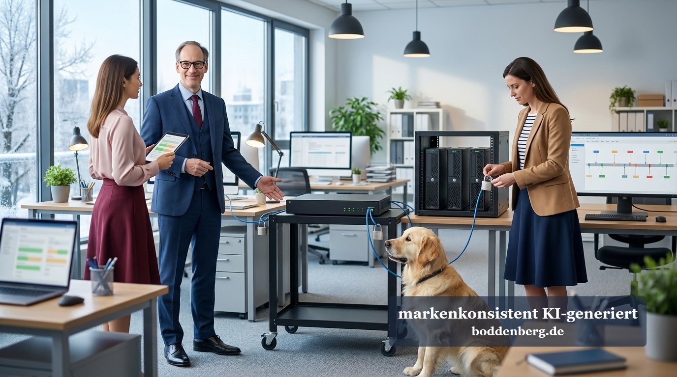 Zwei Arten Zertifikate: die im Kalender und die, die Montag um 7:12 ablaufen Ein Berater im Anzug spricht mit einer Kollegin über ein Tablet, im Hintergrund stehen ein Serverschrank und ein Golden Retriever in einem hellen Büro…