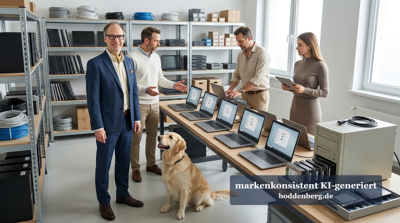 Der Dateiserver ist tot. Es lebe das Chaos. Vier Personen und ein Golden Retriever stehen in einem Lager zwischen Regalen mit Laptops, Kabeln und Festplatten.
