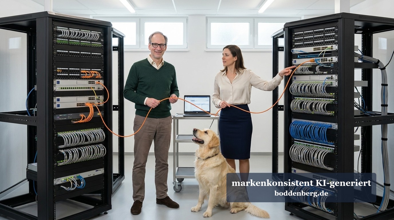 Dein LoadMaster lebt. Deine Benutzer gleich nicht mehr. Zwei Menschen und ein Golden Retriever stehen zwischen Serverracks, die ein orangefarbenes Netzwerkkabel verbindet.