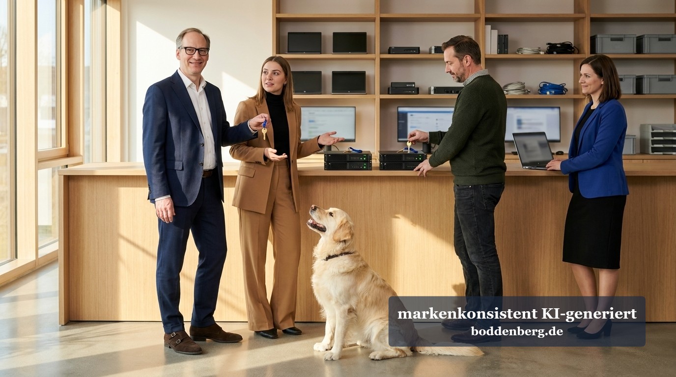 Vier Personen in einem hellen Büro mit Geräteregalen, eine Frau reicht einem Mann einen Schlüssel, davor sitzt ein Golden Retriever.