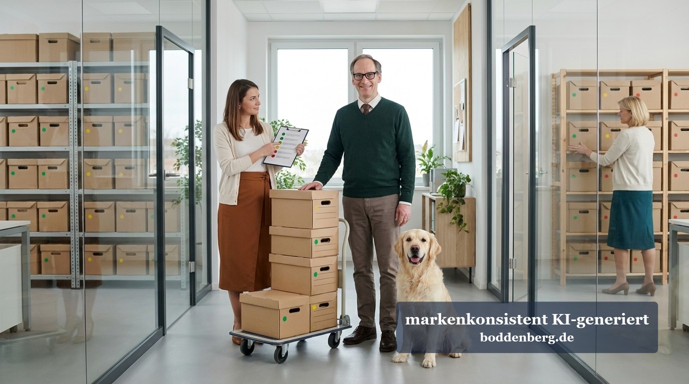 Umzug im Büro: Kartons, Klemmbrett und Golden Retriever Zwei Kollegen stehen mit einem Golden Retriever und einem Kartonstapel auf einem Rollwagen in einem hellen Büro mit Glastüren.