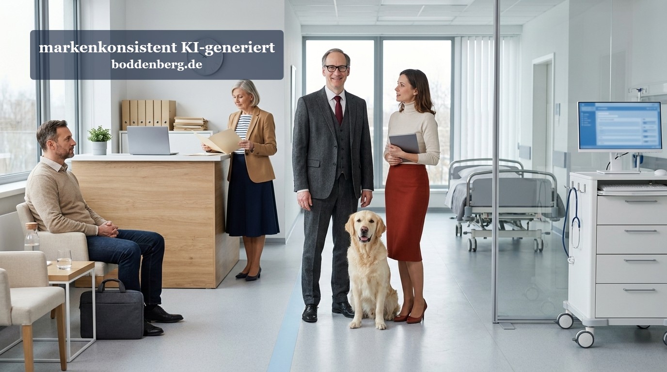 Krankenhaus-Team mit Empfang und Labrador Team von fünf Personen und ein goldener Labrador in einer modernen Krankenhauslobby mit Empfang, Wartebereich und Geräten.