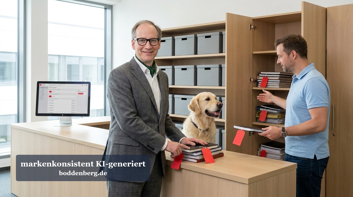 Litigation Hold – Dokumentenorganisation im Büro Zwei Männer und ein Hund in einem modernen Büro organisieren Dokumente mit roten Markierungen auf einem Schreibtisch.