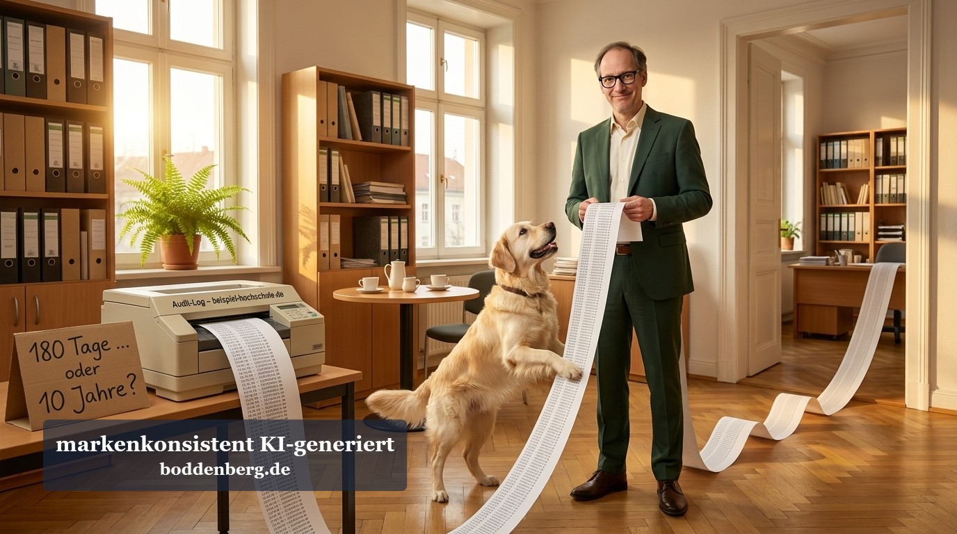 Geschäftsmann in grünem Blazer hält eine ausgerollte Papierliste in einem Büro, während ein Hund neben ihm aufrecht steht.