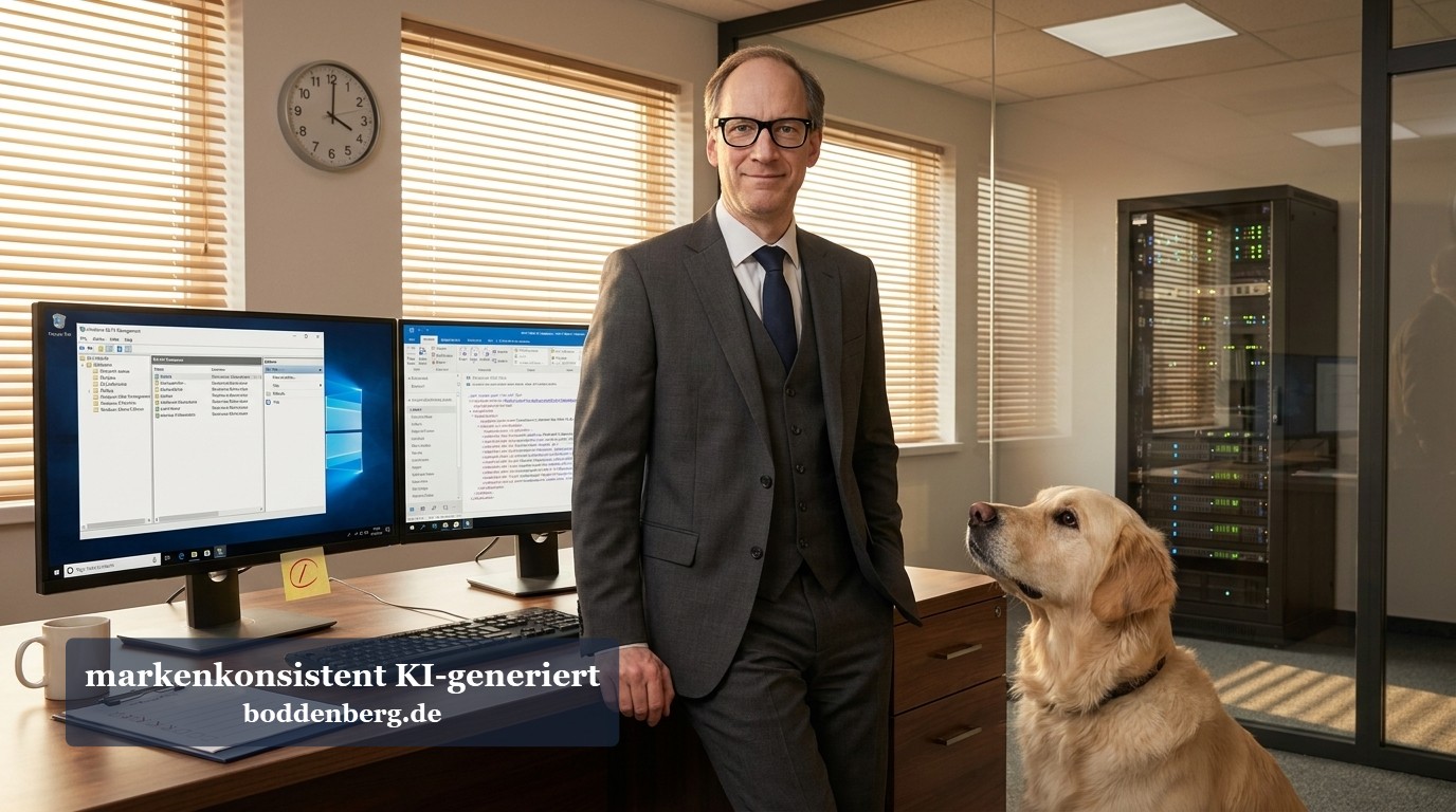 Freitag, 16 Uhr. Die Mail kommt. Geschäftsmann mit Brille und anzug steht neben einem Schreibtisch mit Computern; ein Hund sitzt daneben im Büro.
