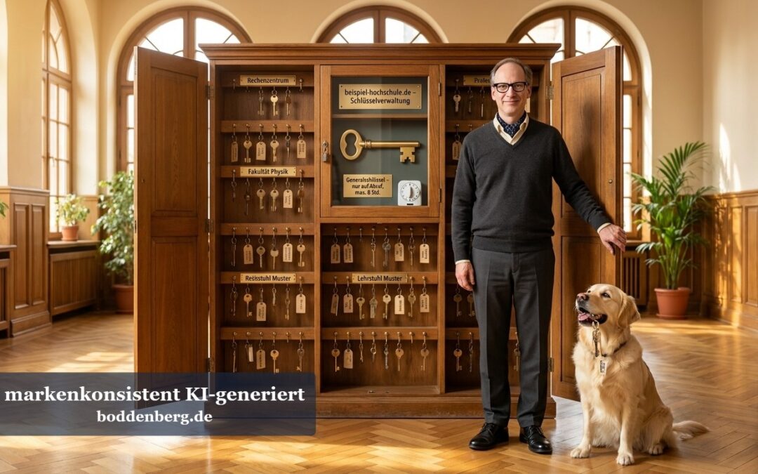 Ein Mann mit Brille und schwarzem Pullover steht neben einem golden retriever vor einem großen Holzschrank voller Schlüssel in einem eleganten Bürorau…