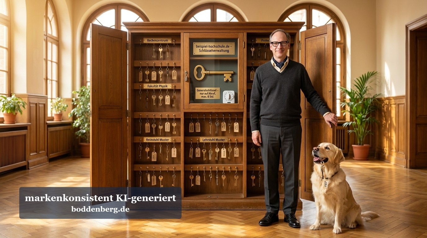 Ein Mann mit Brille und schwarzem Pullover steht neben einem golden retriever vor einem großen Holzschrank voller Schlüssel in einem eleganten Bürorau…