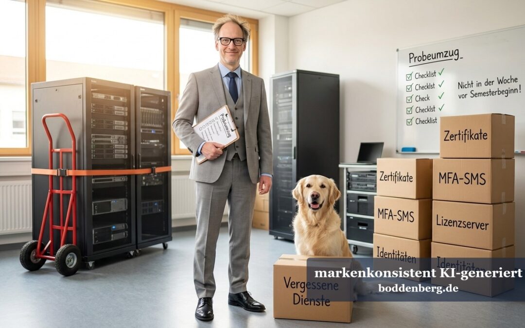 Ein Mann im Anzug mit Checkliste neben einem Golden Retriever sitzt auf Kartons mit Zertifikaten in einem Serverraum.
