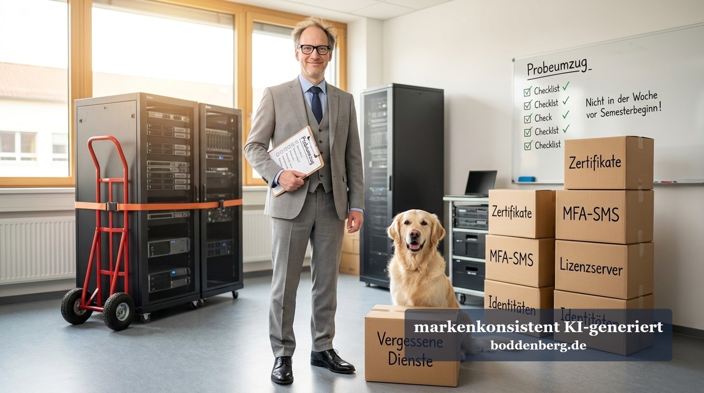 Ein Mann im Anzug mit Checkliste neben einem Golden Retriever sitzt auf Kartons mit Zertifikaten in einem Serverraum.
