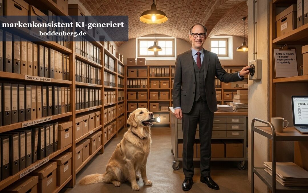 Ein Mann im Anzug steht neben einem Labrador in einem historischen Archivraum mit Holzregalen voller Aktenordner.
