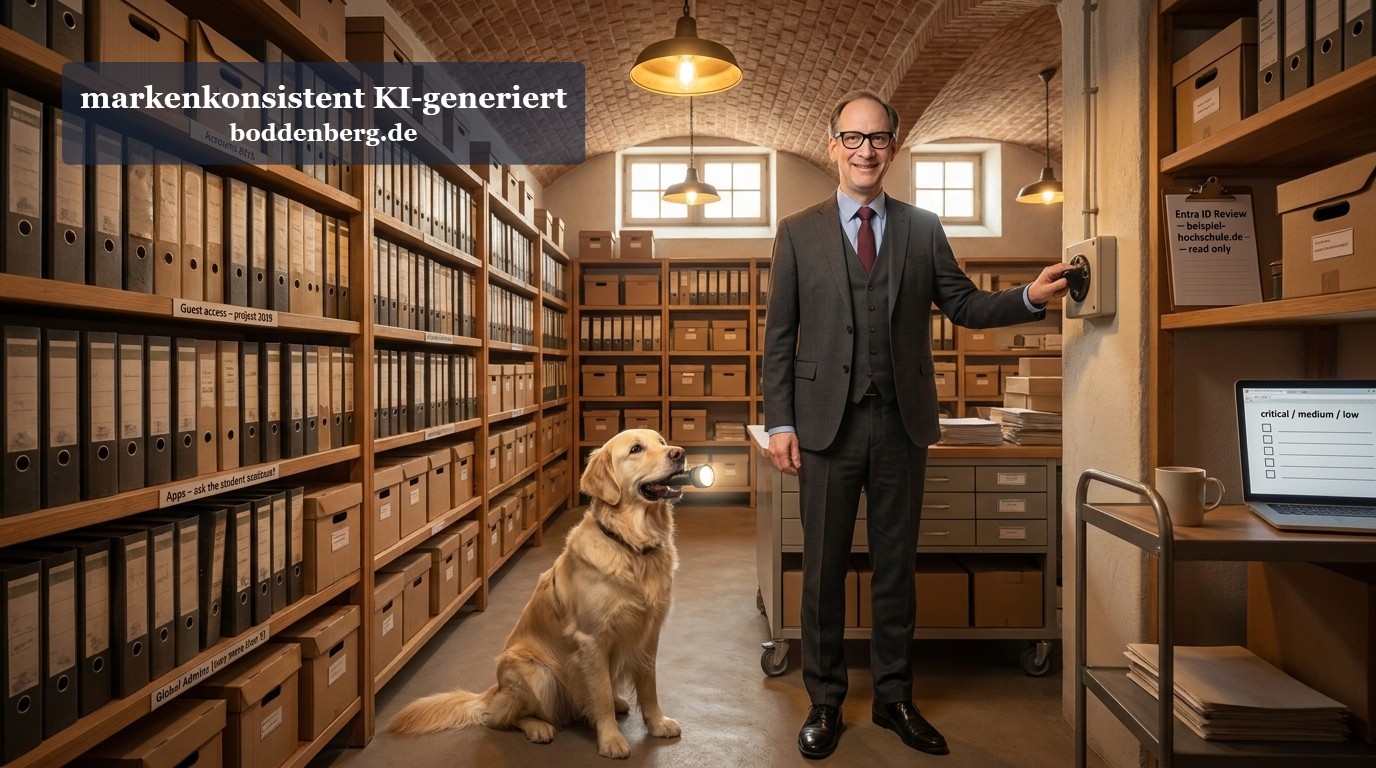 Ein Mann im Anzug steht neben einem Labrador in einem historischen Archivraum mit Holzregalen voller Aktenordner.