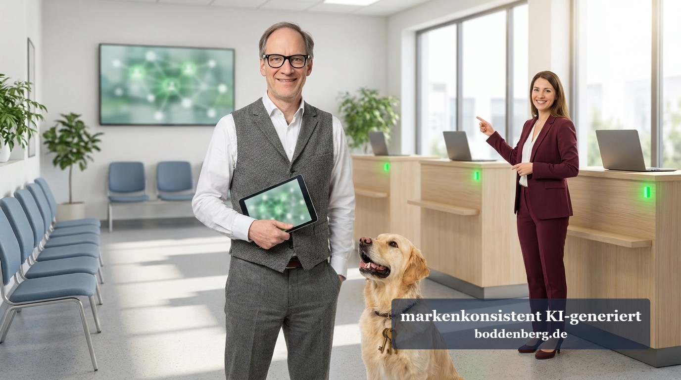 certbinder Lächelnder Mann mit Brille und Tablet neben einem Golden Retriever, im Hintergrund zeigt eine Frau am Empfang nach vorn.