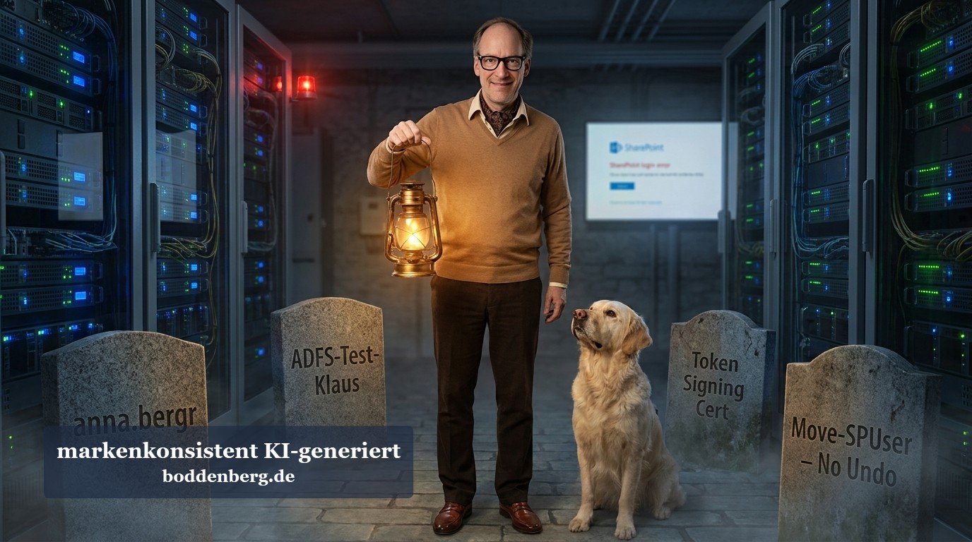 Mann mit Brille in beigem Pullover hält Laterne in einem Serverraum, neben ihm ein golden retriever, umgeben von Grabsteinen mit IT-Fehlermeldungen.
