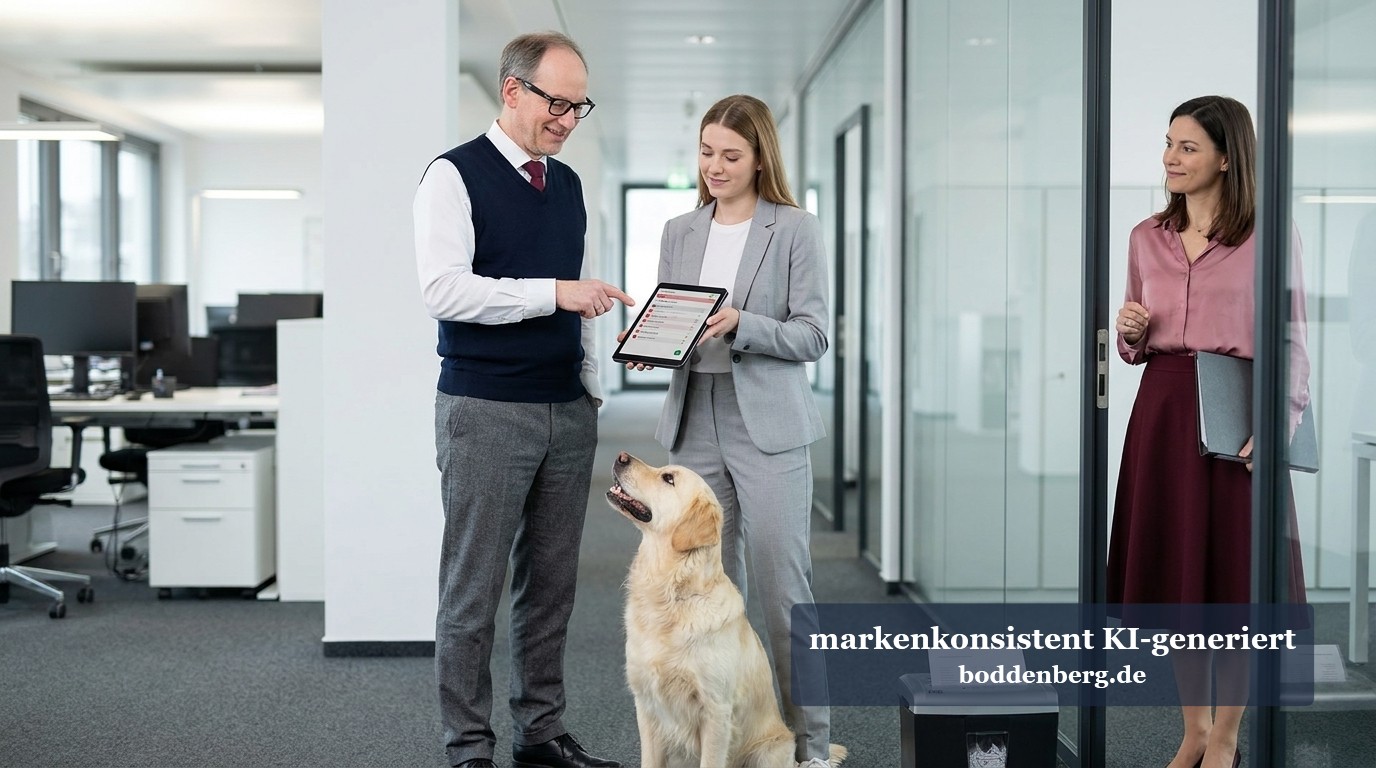 Microsoft schenkt dir einen Schredder. Ohne Rückwärtsgang. Ein Mann mit Brille und Pullunder zeigt einer jungen Frau ein Tablet, daneben sitzt ein Golden Retriever und ein Aktenvernichter steht im Büro.
