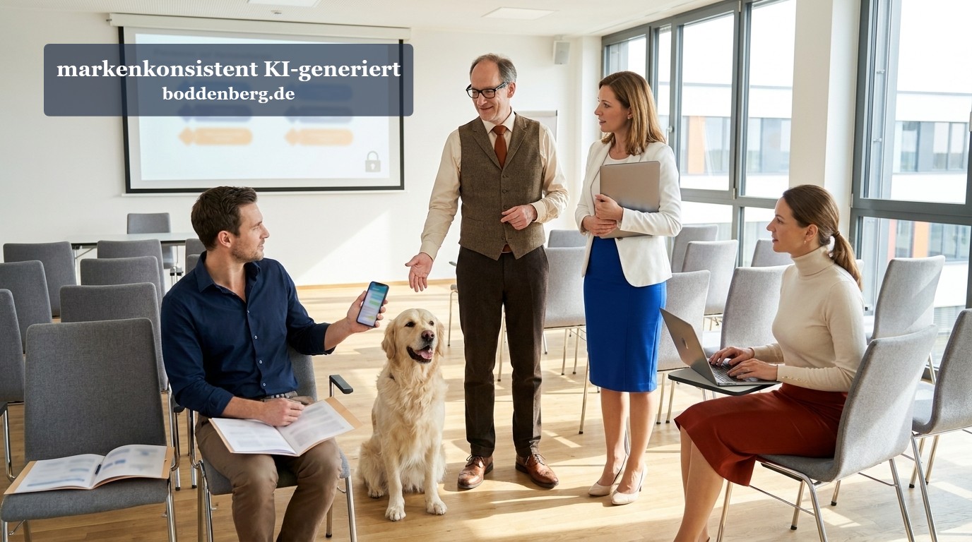 Team-Meeting mit Hund im modernen Büro Fünf Personen und ein Golden Retriever in einem hellen Meetingraum mit Beamerpräsentation und Blick auf Bürofenster.