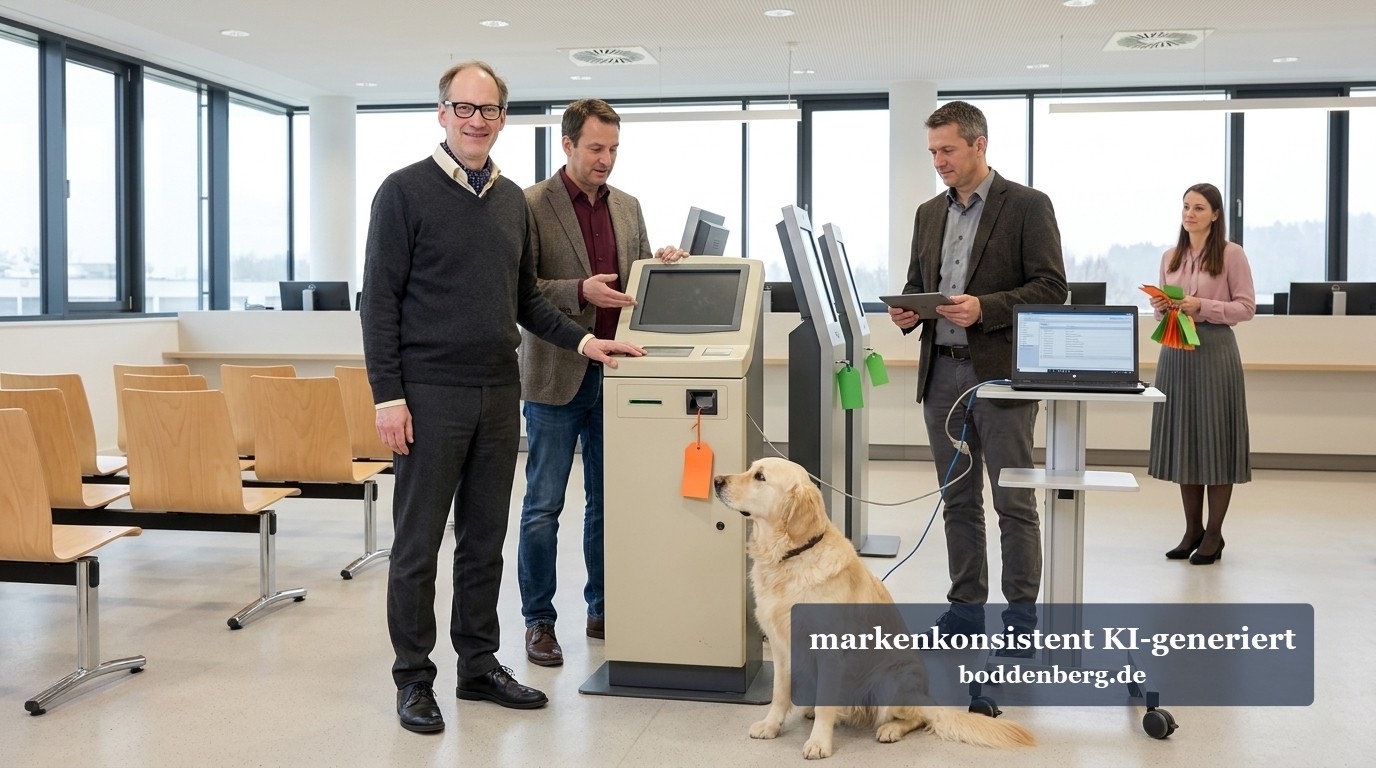 Drei Männer und eine Frau stehen mit einem Golden Retriever in einem hellen Wartebereich neben einem Selbstbedienungsterminal.