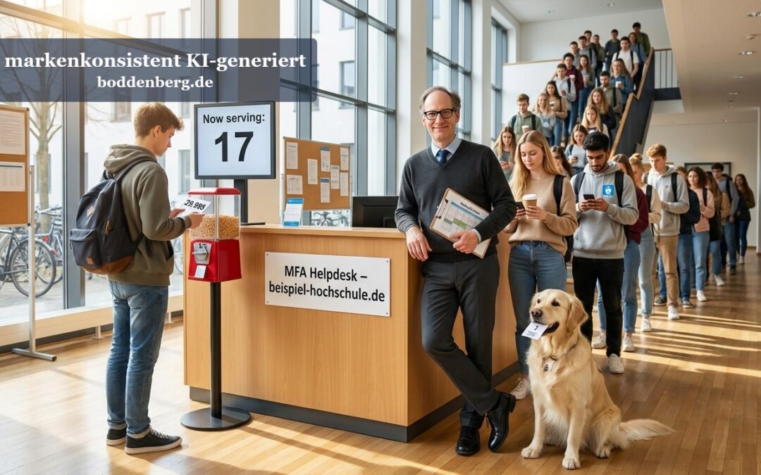 Helpdesk-Szenario an einer Hochschule mit Mann und Hund hinter Tresen, wartenden Studierenden in langer Schlange und Menschenmenge auf Treppe.