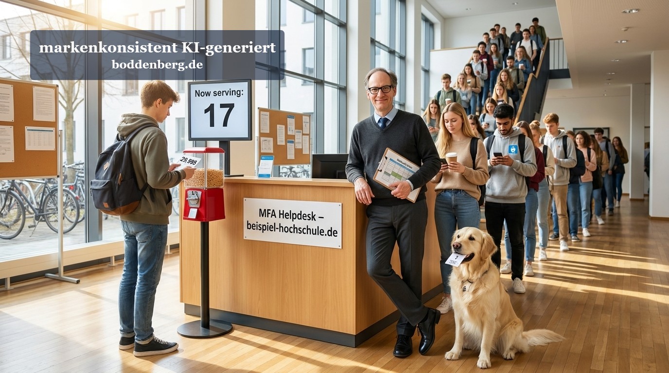 Helpdesk-Szenario an einer Hochschule mit Mann und Hund hinter Tresen, wartenden Studierenden in langer Schlange und Menschenmenge auf Treppe.