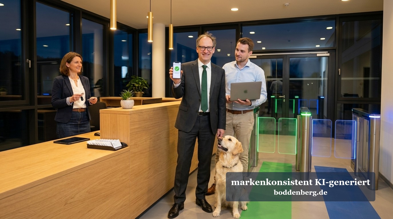 Ein Mann im Anzug zeigt ein Smartphone mit grünem Häkchen, daneben ein Golden Retriever und Kollegen an einem Empfang mit Drehkreuzen.