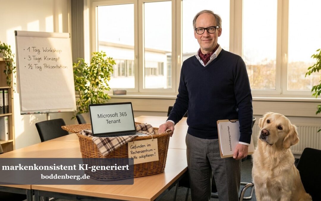 Mann mit Brille in dunklem Pullover steht in Büro neben Labrador-Hund, hält Tablet und Ordner, dahinter Whiteboard, Laptop und Topfpflanzen.
