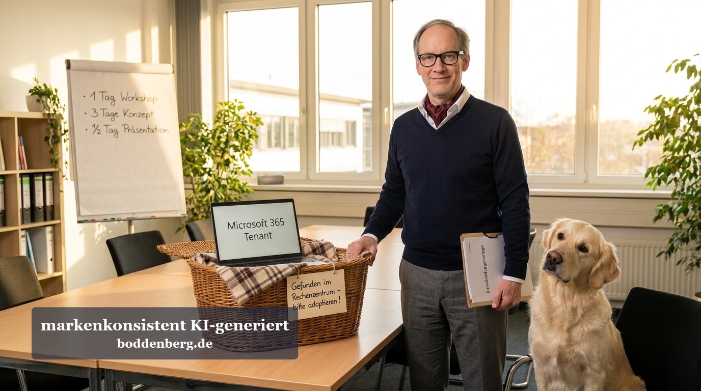 Microsoft 365 an der Hochschule implementieren Mann mit Brille in dunklem Pullover steht in Büro neben Labrador-Hund, hält Tablet und Ordner, dahinter Whiteboard, Laptop und Topfpflanzen.