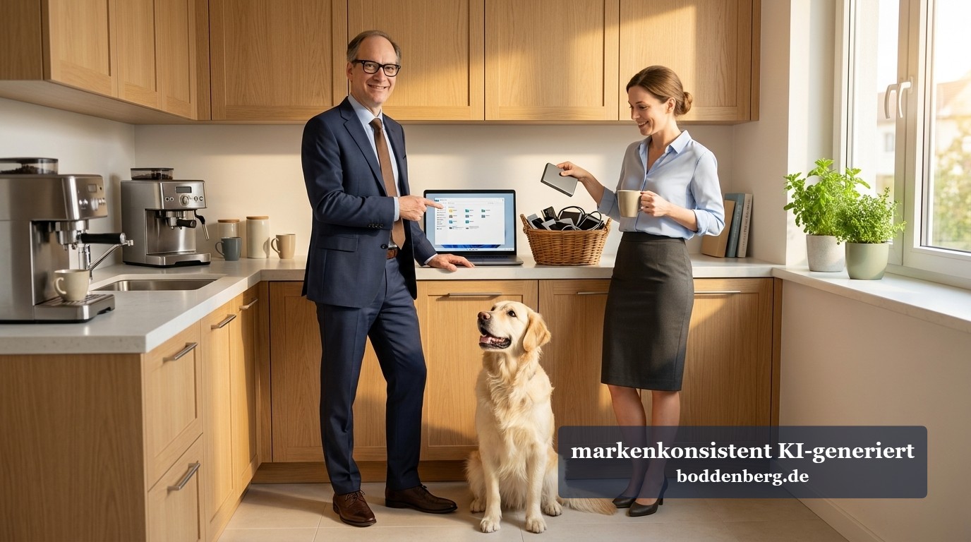 Ein Berater im Anzug zeigt auf einem Laptop etwas, daneben steht eine lächelnde Kollegin mit Kaffeetasse und ein Golden Retriever sitzt vor ihnen.