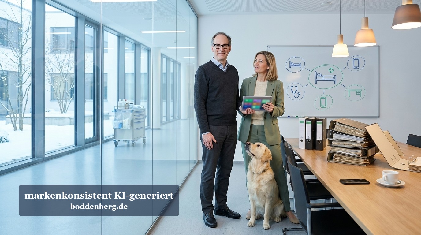 Modernes Büro mit zwei Personen und Hund Mann und Frau mit Tablet in modernem Büro neben Labrador, Whiteboard mit Healthcare-Symbolen im Hintergrund.