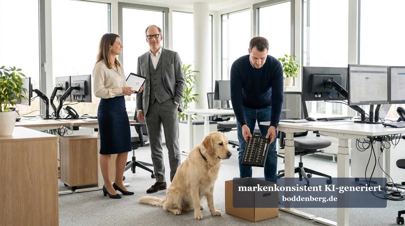 Modernes Büro mit Team und Hund im Umzugschaos Modernes Büro mit drei Personen und einem Golden Retriever, die am Umzugstag zwischen Schreibtischen und Kartonboxen hektisch wirken.