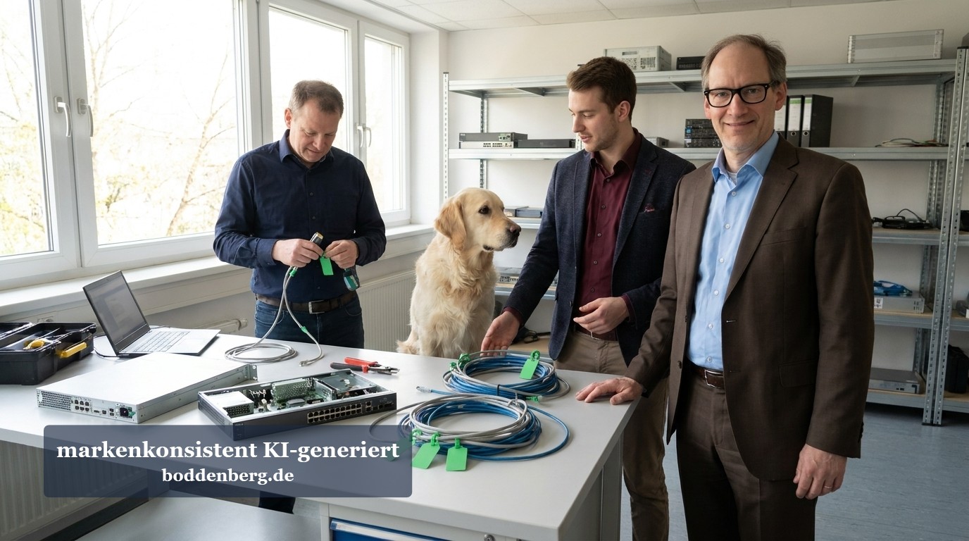 NTLM-Audit per GPO: Skript im IT-Labor Drei Männer in einem Labor prüfen Netzwerkgeräte und Kabel mit grünen Etiketten, daneben steht ein Golden Retriever.