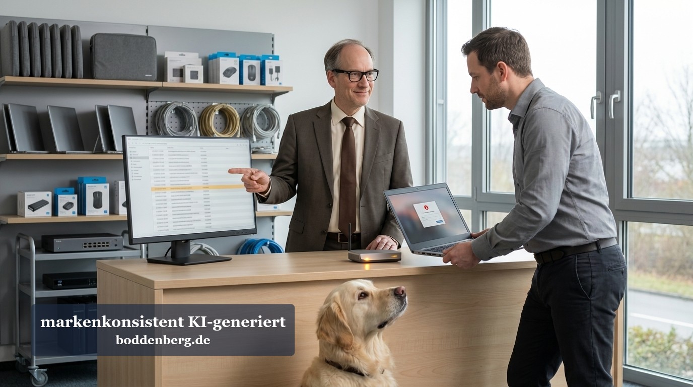 Ereignis 4025: Der Totenschein für deine NTLMv1-Anmeldung ⚰️ Ein Berater im Anzug deutet auf einen Monitor mit Tabelle, ein Kunde am Laptop steht daneben, davor sitzt ein Golden Retriever.