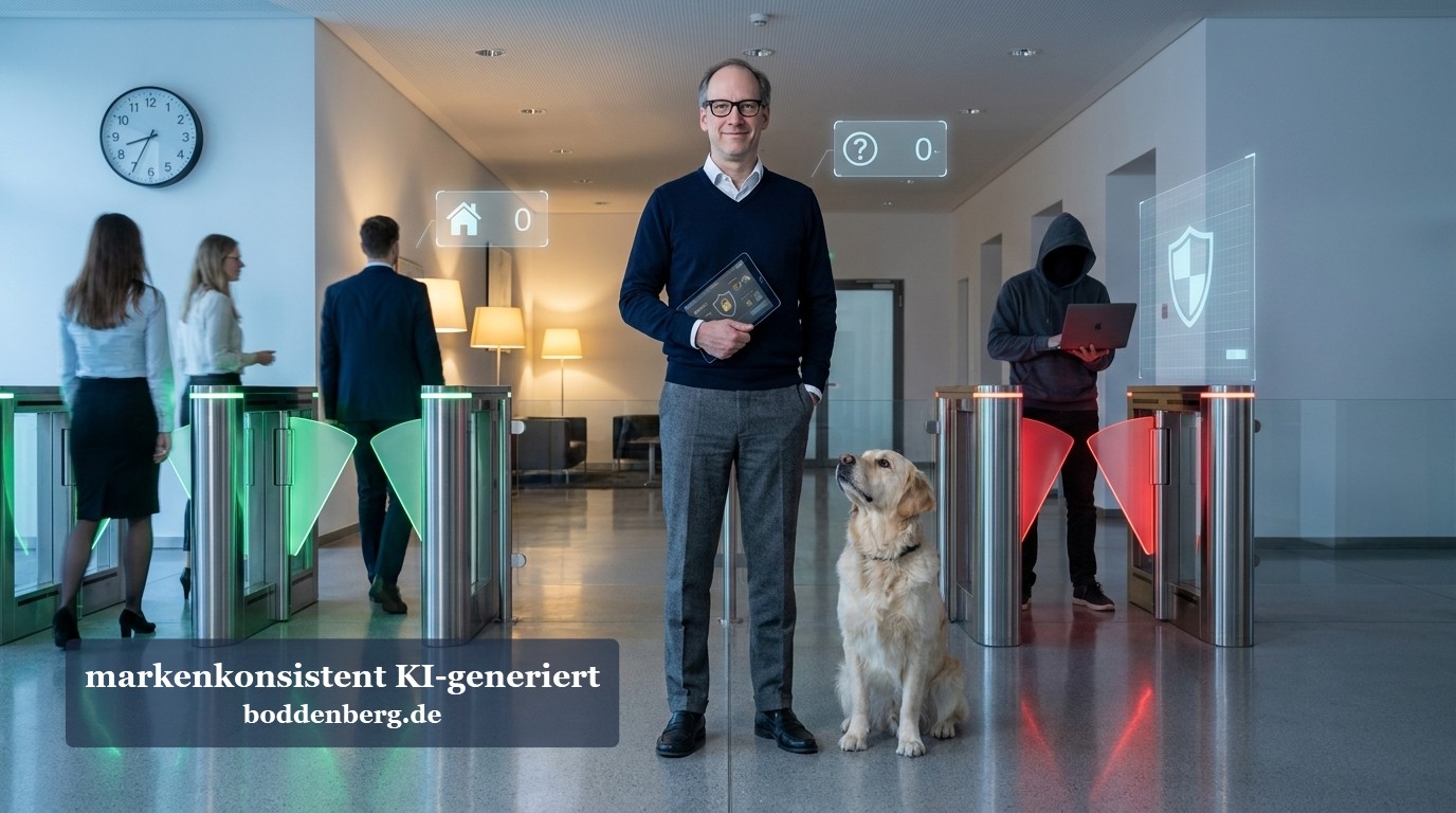 Sichere Büroeingangszone mit Authentifizierung Moderne Bürolounge mit Zugangskontrolle: Ein Mann mit Tablet steht neben einem Hund vor automatischen Drehtüren, während andere Personen an Terminals…