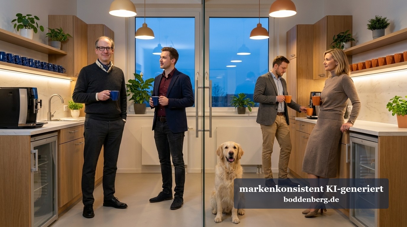 Team von vier Personen und ein Hund in einer modernen Büroküche mit Holzausstattung, großen Fenstern und Stadtblick beim informellen Austausch.
