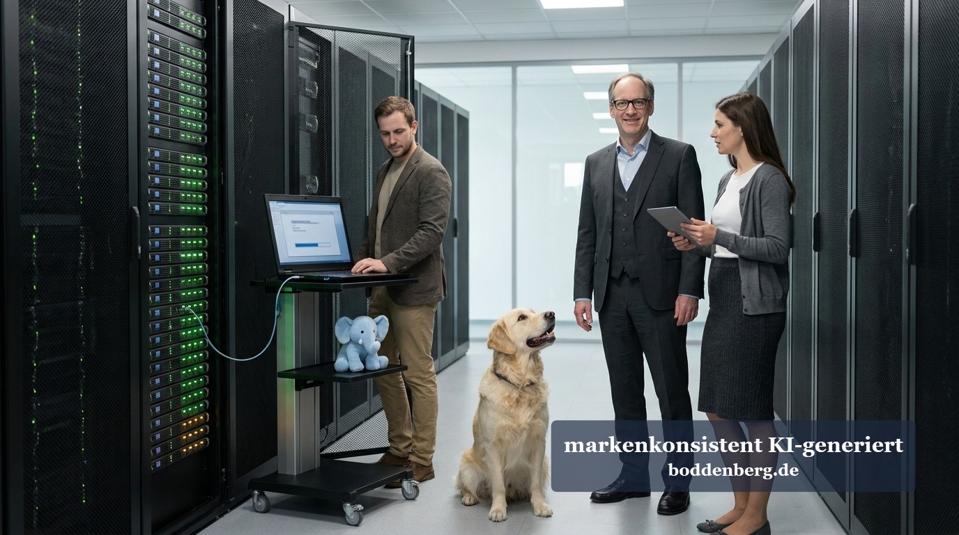 PHP2Shell: Dein Code ist sauber? Herzlichen Glückwunsch, hilft dir nur nichts. Drei Menschen und ein Golden Retriever stehen zwischen Serverschränken, einer davon arbeitet an einem Laptop auf einem Rollwagen.