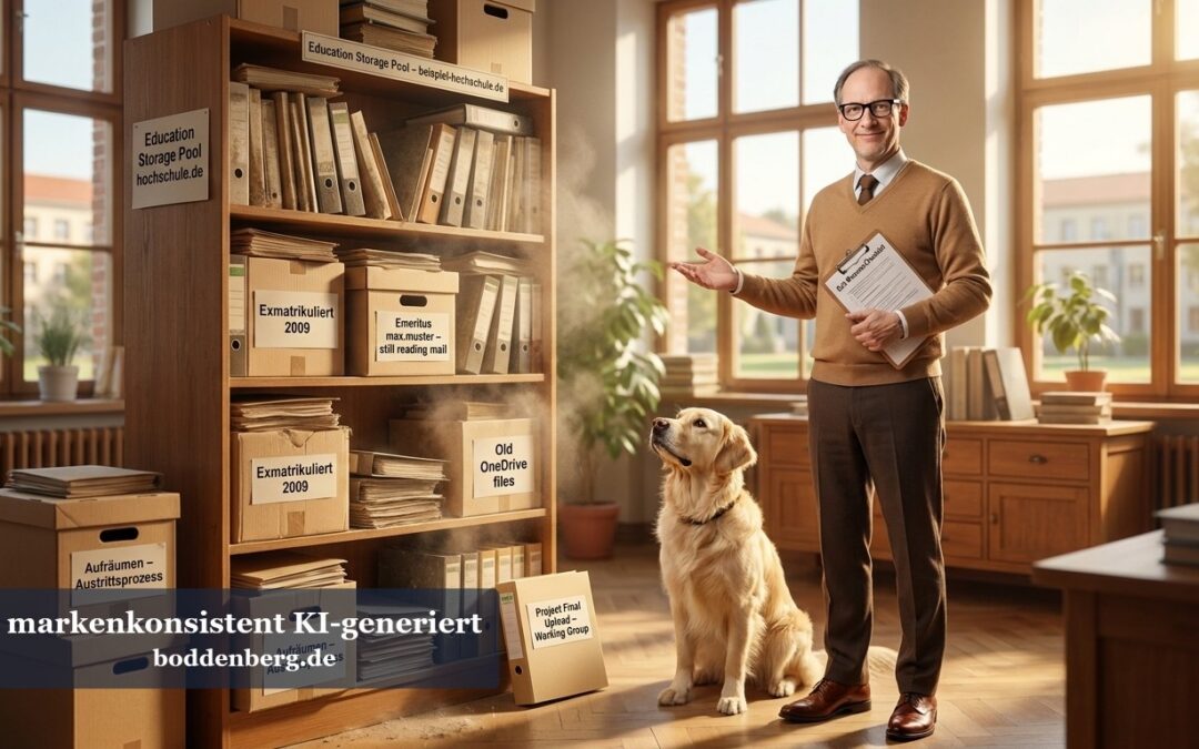 Ein Professor mit Brille und Tablet steht in einem sonnigen Büro neben verschlossenen Archivschränken und einem Golden Retriever.